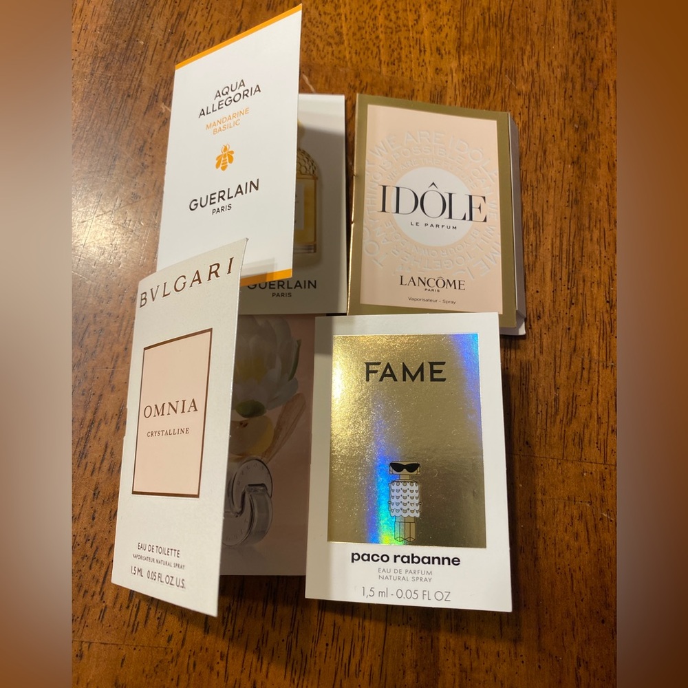 Perfume Sample Set with Guerlain, Lancôme, Bvlgari, Paco Rabanne. 4 samples